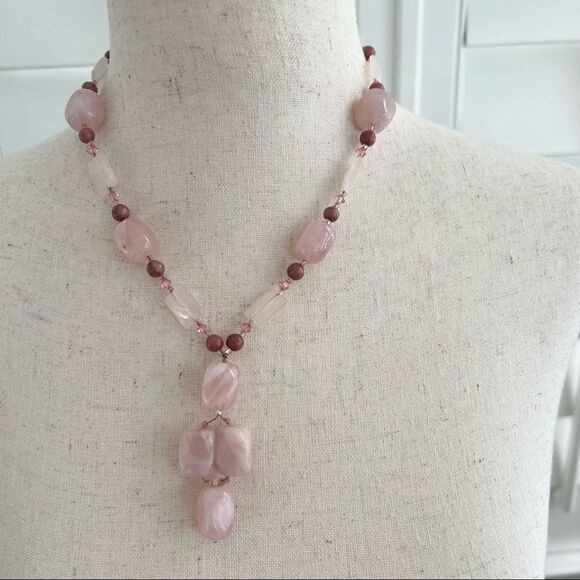 Soft Pink + Mauve Stone + Crystal Hand Beaded Necklace w/ 4 Stone Dangle 16-19” - Picture 1 of 4